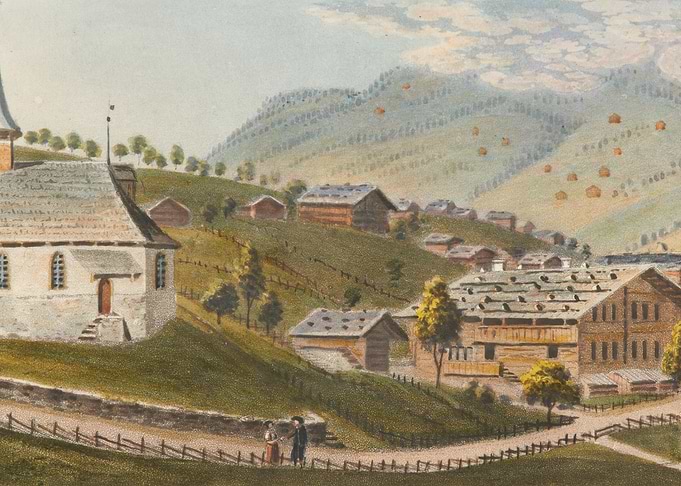 Alpine Village Scene with Church