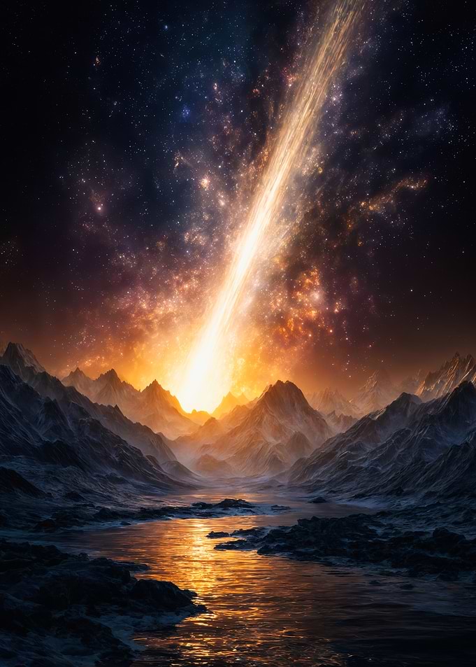 Cosmic Beam Striking Mountain Landscape