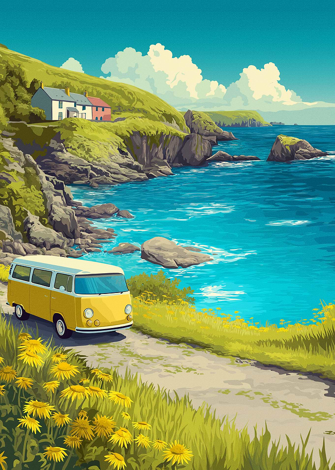 Yellow Camper Van on Coastal Road