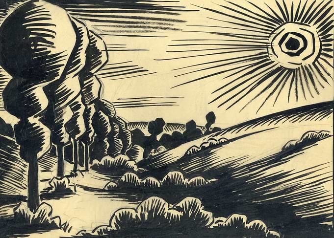 Sunlit Landscape with Trees and Hills