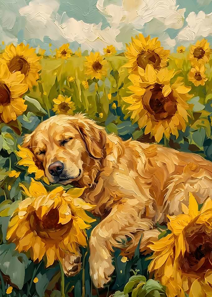 Golden Retriever Nap in Sunflower Field