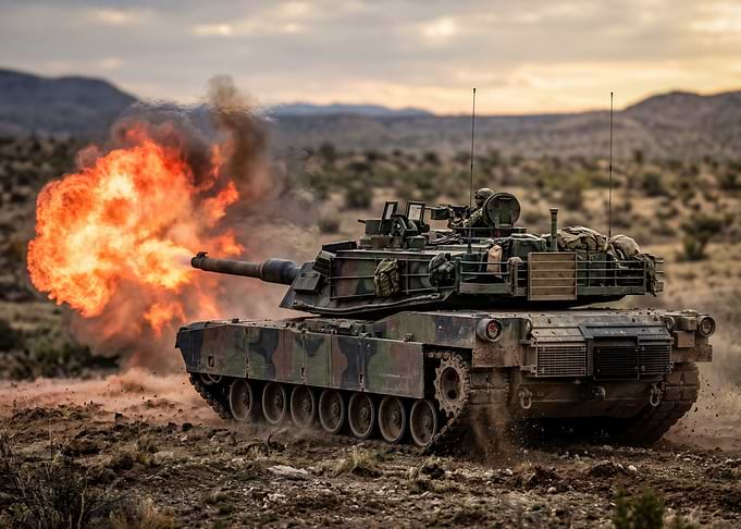 Tank Firing in Desert Landscape