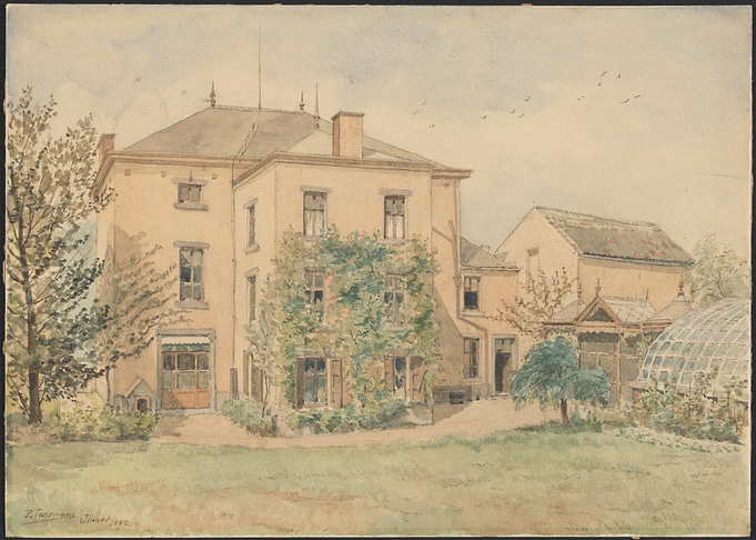 Watercolor painting of a house with a greenhouse