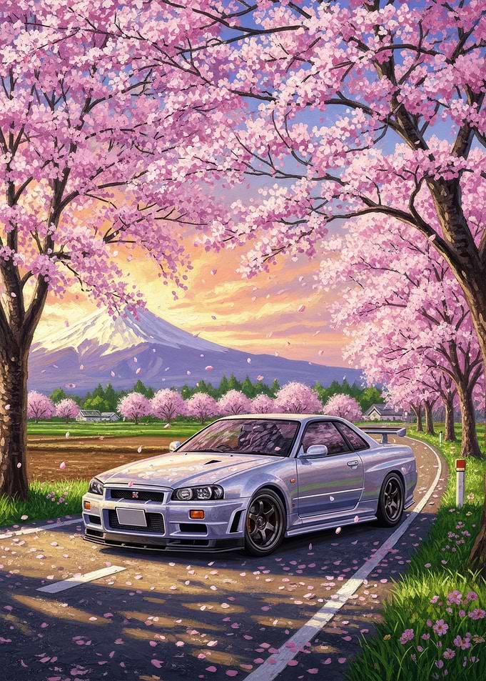 Nissan Skyline R34 with Cherry Blossoms and Mt. Fuji