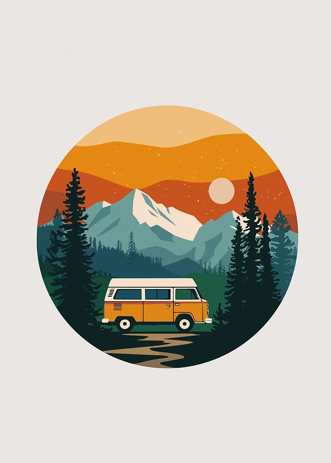 Vintage Van in Mountain Landscape