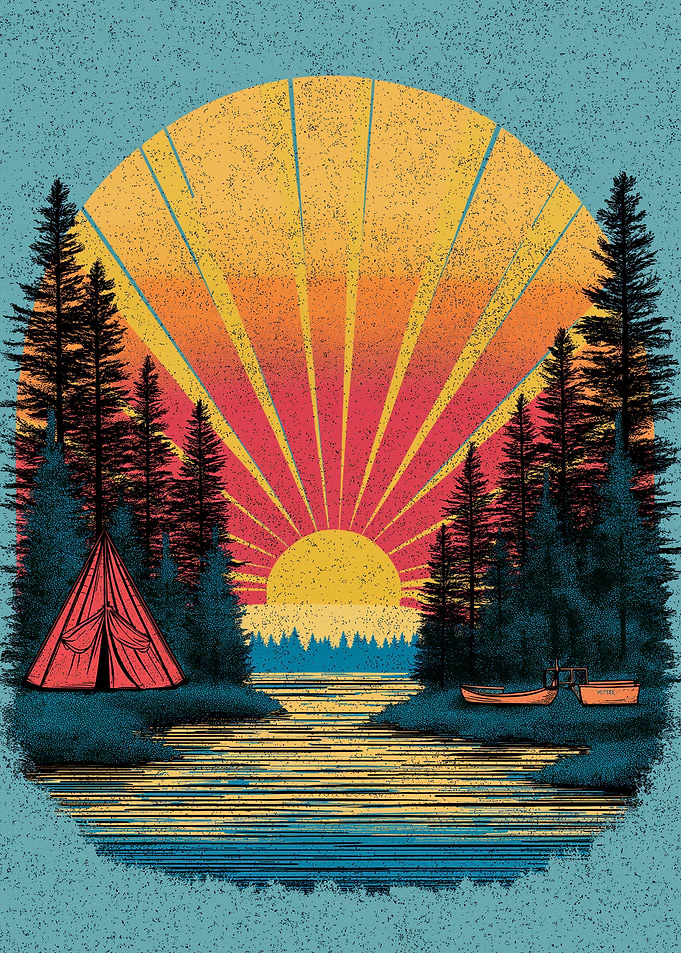 Retro Sunset Camping Scene