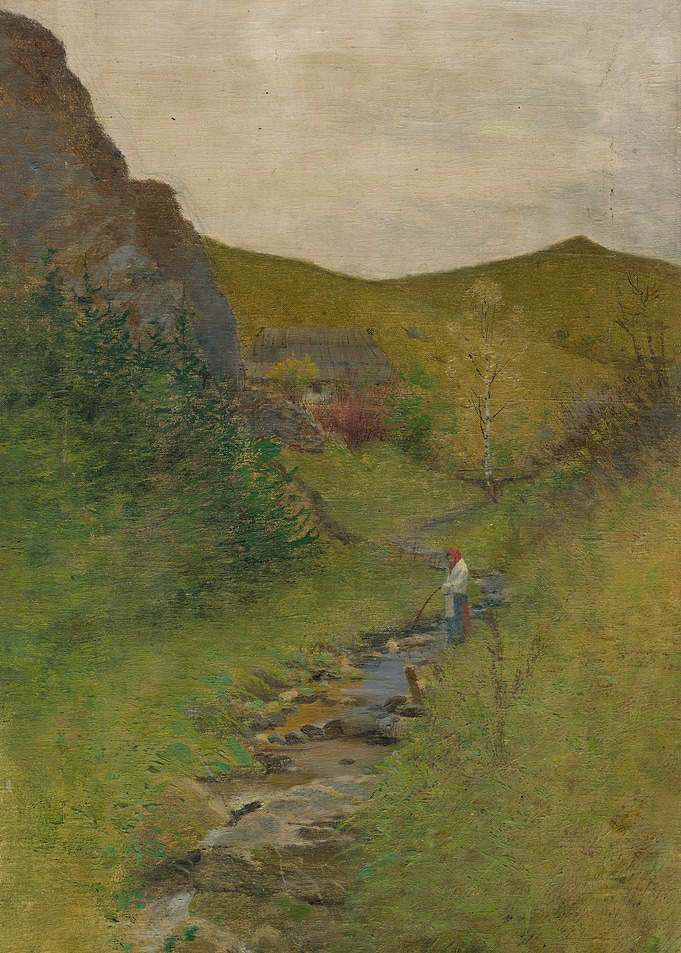 Person by a Stream in a Mountainous Landscape