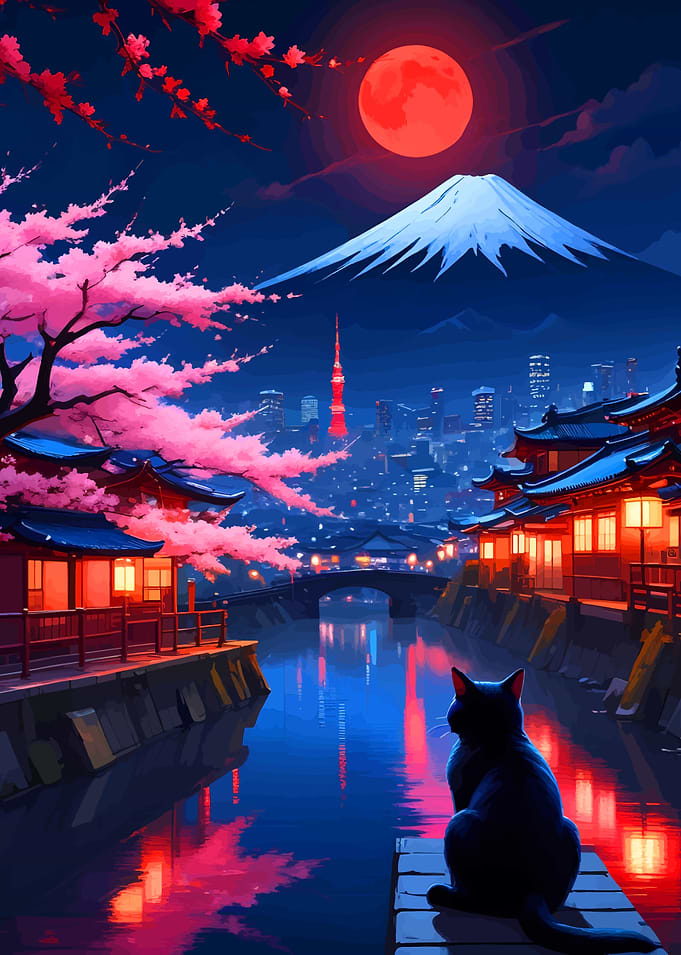 Black Cat by Mount Fuji at Night