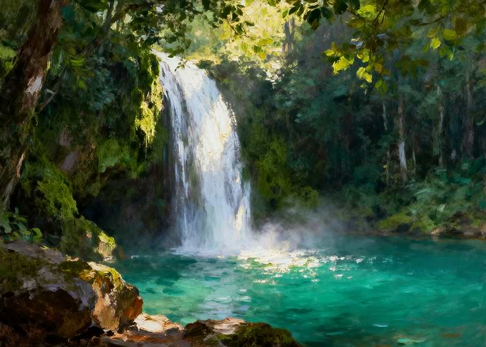 Lush Waterfall in a Tropical Forest