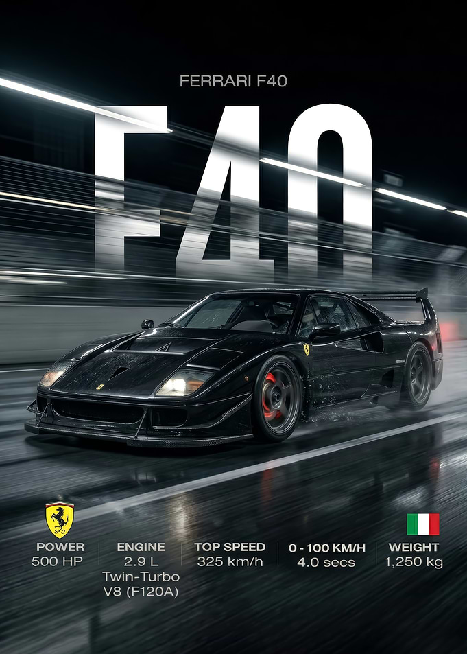 Black Ferrari F40 on Wet Road poster