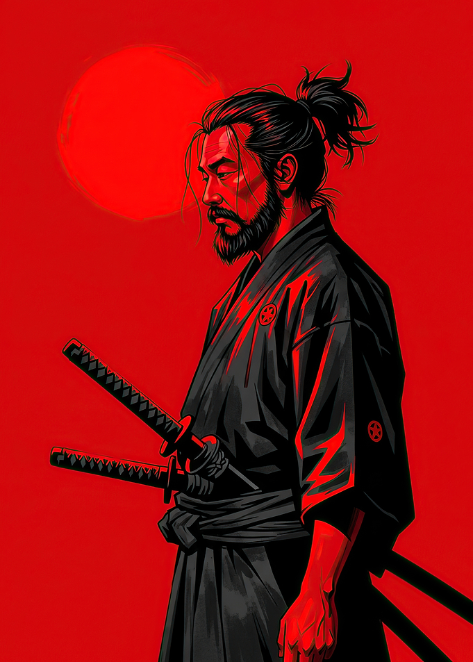 Samurai Warrior with Katana and Red Sun