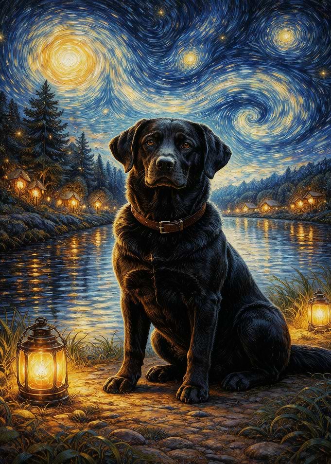 Black Labrador under Starry Night Sky