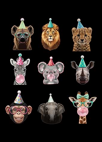 Cute Animals Wearing Party Hats and Glasses