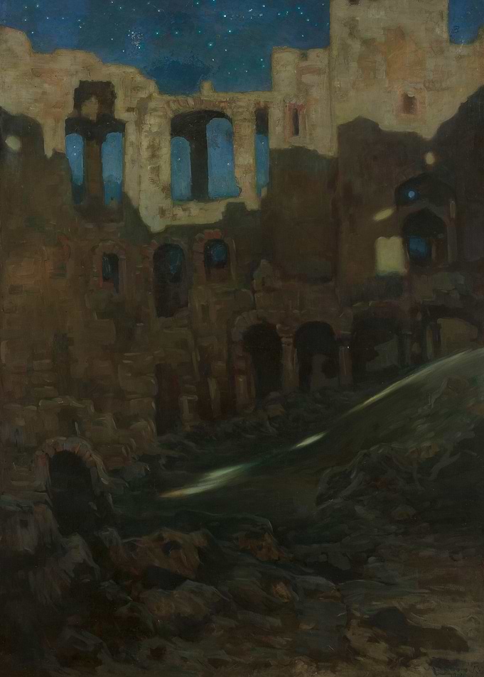 Ruined Castle Under Starry Night Sky