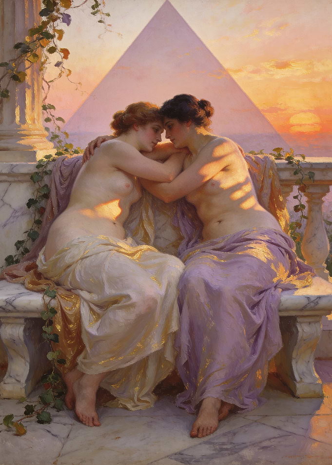 Two women embracing at sunset