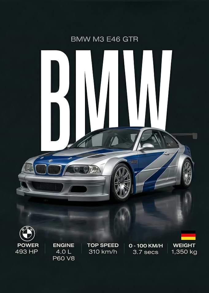 silver BMW M3 E46 GTR Poster