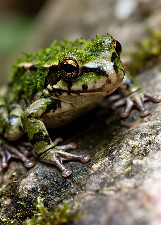 Moss-covered frog on a rock