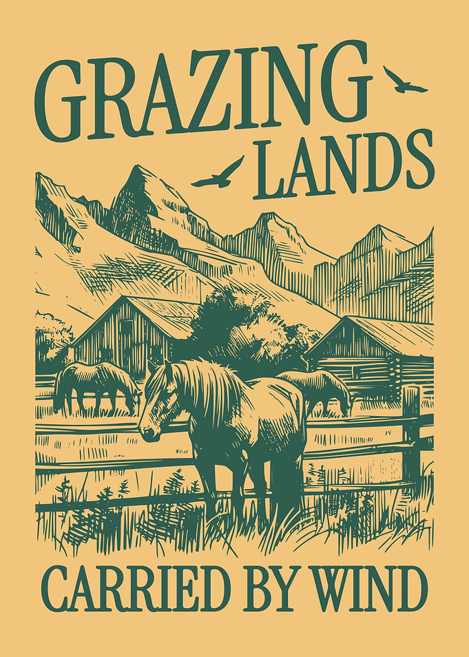 Grazing Lands Horse Poster Vintage Farm Landscape Rustic Western Nature Wall Art