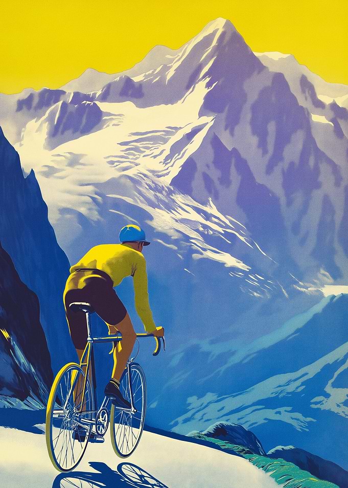 Cyclist Ascends Snowy Mountain