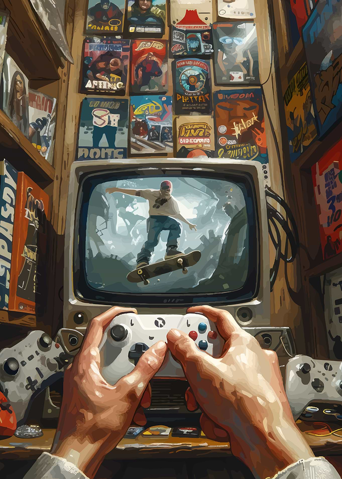 Gamer playing a skateboarding video game