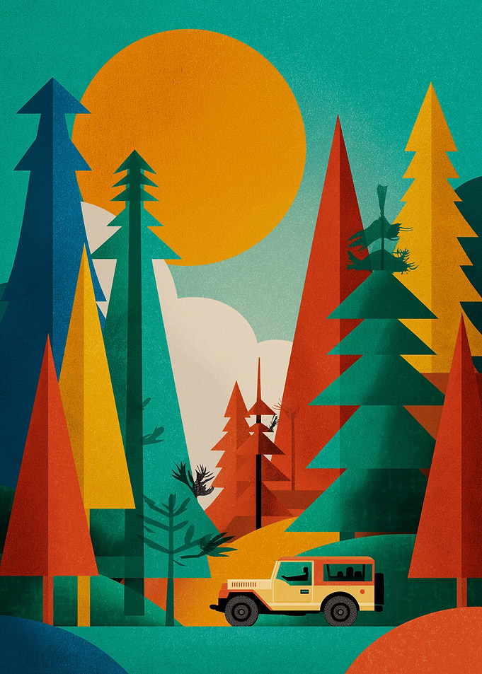 Retro Jeep Adventure in a Stylized Forest