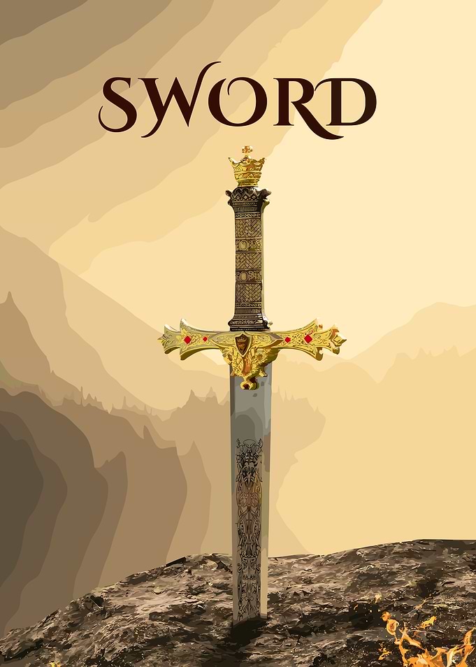Ornate Sword with Crown and Mountains