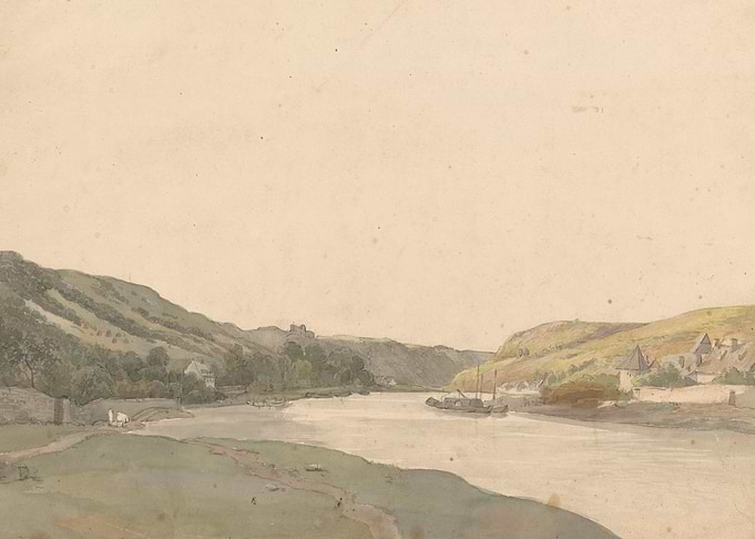 River valley with village and boats