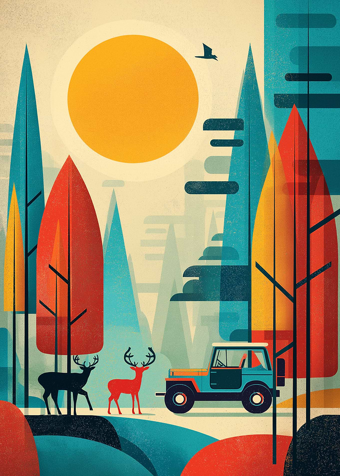 Deer and Jeep in a Stylized Forest