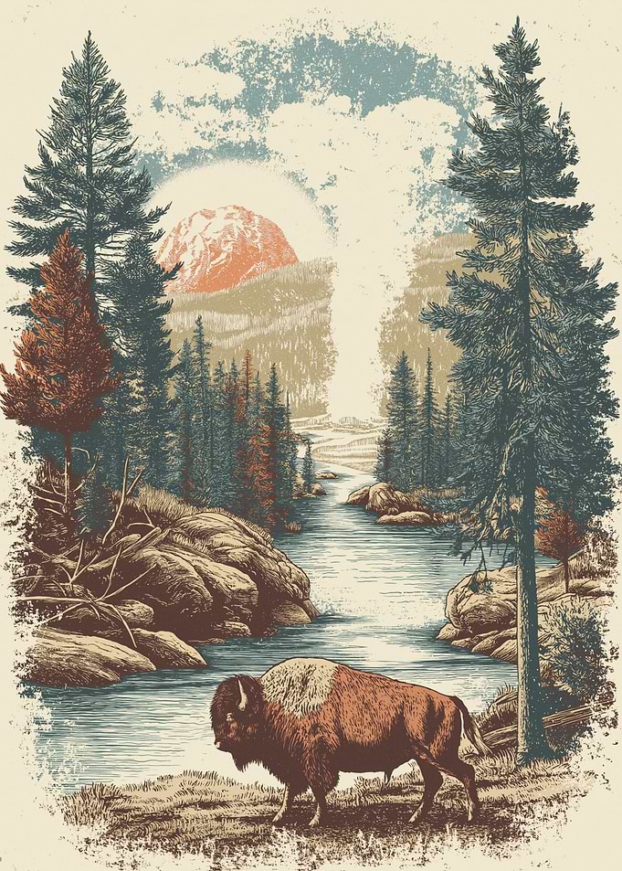 Bison in a Mountain River Landscape