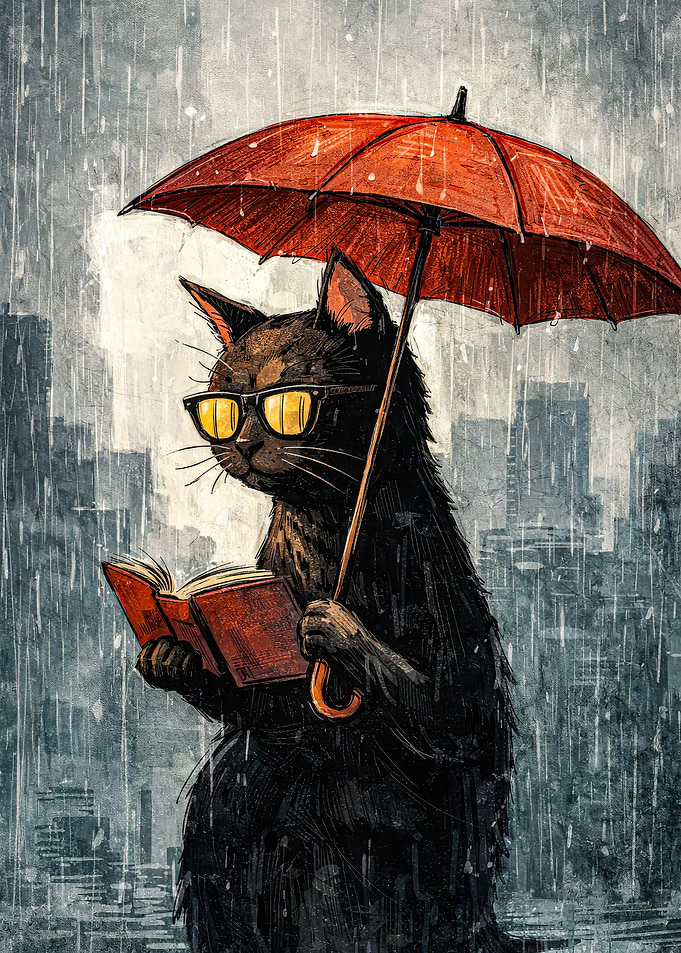 Cat Reading Under Umbrella in Rain