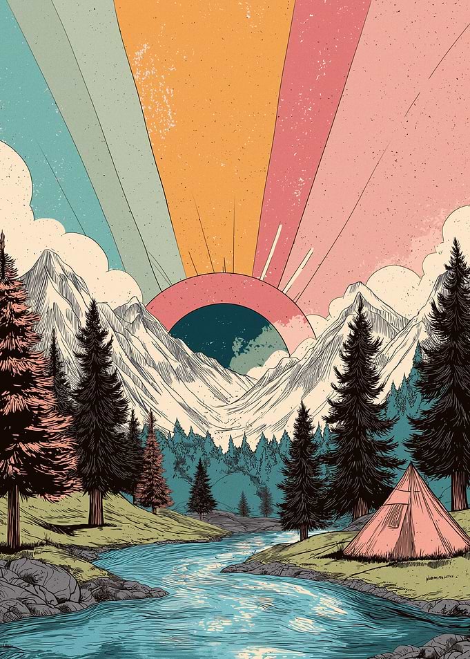 Retro Mountain Sunrise Camping Scene
