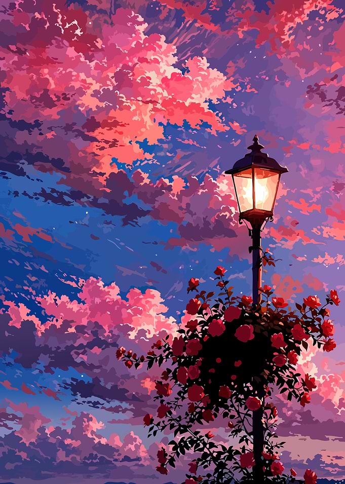 Anime Sky with Lamp Post and Roses
