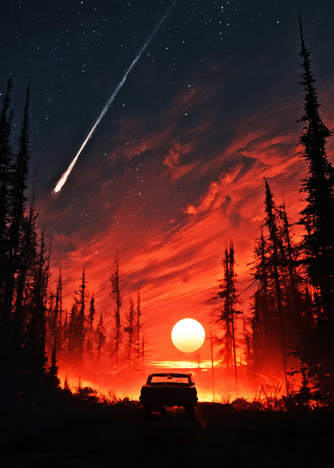 Car Under Fiery Sunset with Meteor