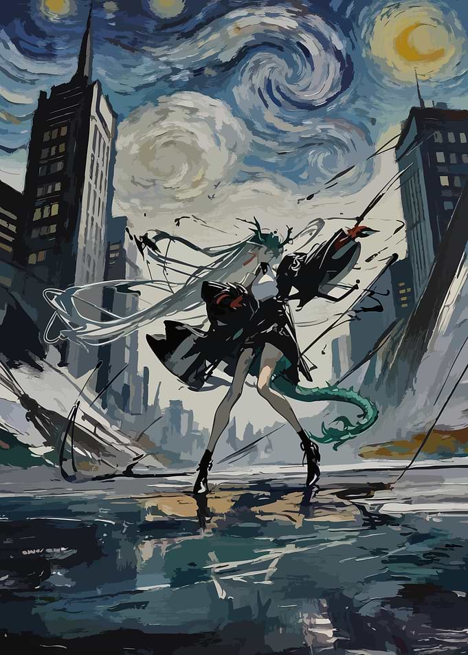 Anime Character in Starry Night Cityscape