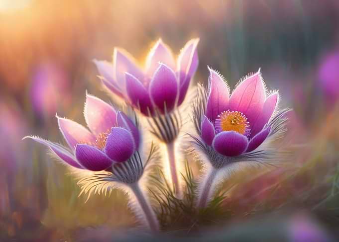 Purple Pasqueflowers in Golden Sunlight