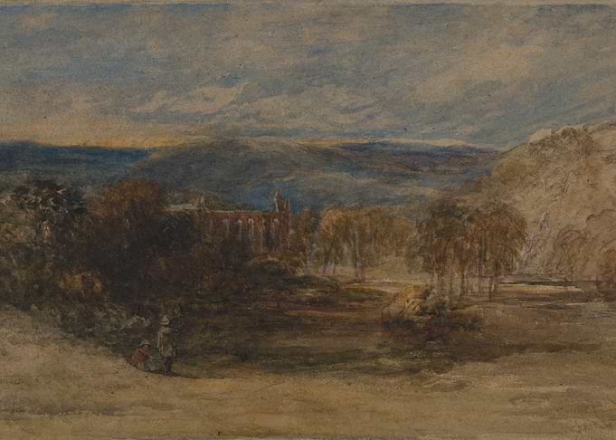 Watercolor Landscape with Building and Figures