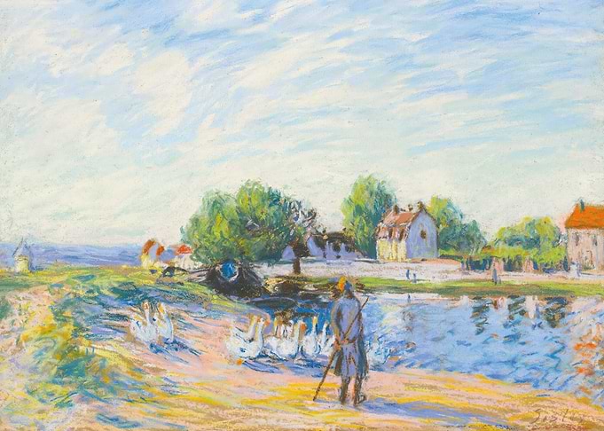 Pastel Landscape with Geese and Shepherd
