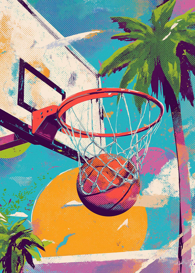 Basketball Hoop with Palm Trees and Sun