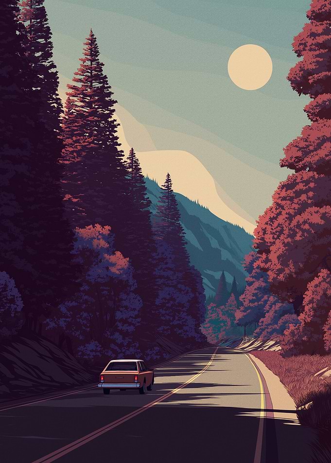 Retro Car Driving Through Mountain Landscape