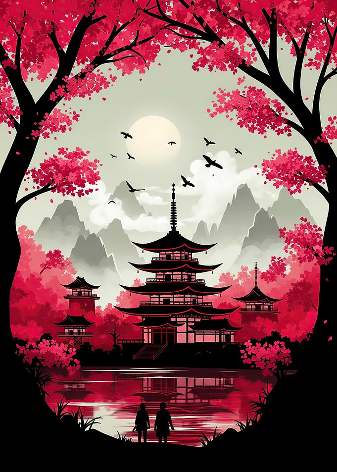 Japanese Pagoda Landscape with Cherry Blossoms