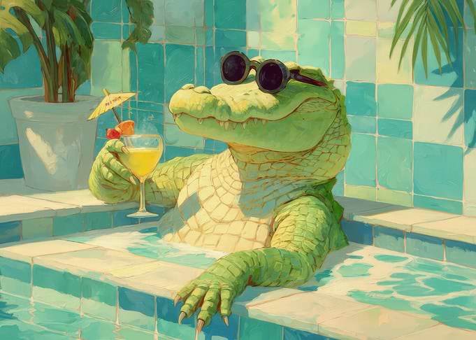 Alligator relaxing with a drink
