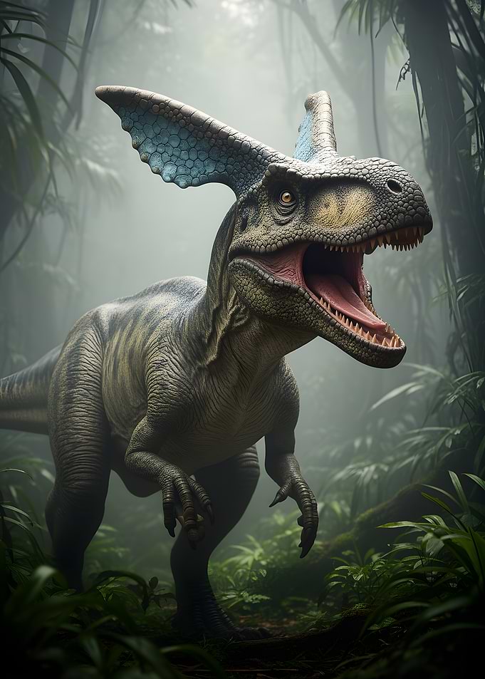 Dinosaur in a Misty Jungle