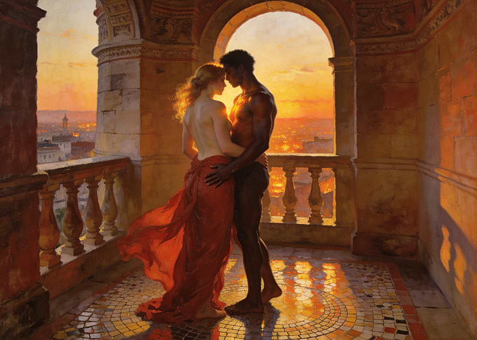 Couple Embracing on a Balcony at Sunset