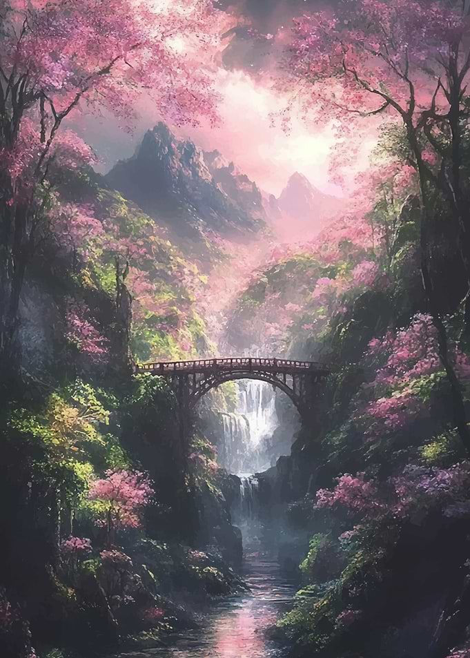 Enchanting Cherry Blossom Bridge Over Waterfall