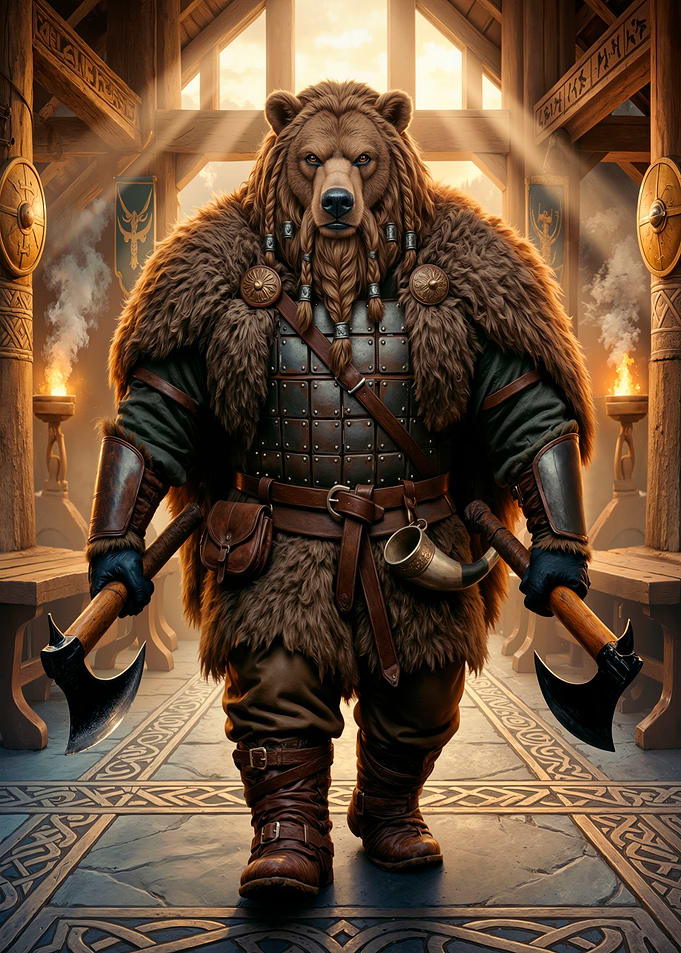 Viking Humanoid Bear With Axes