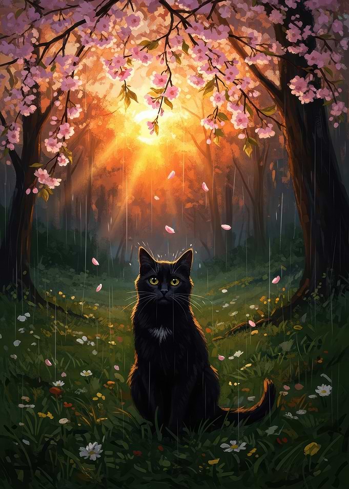 Black Cat in Cherry Blossom Rain