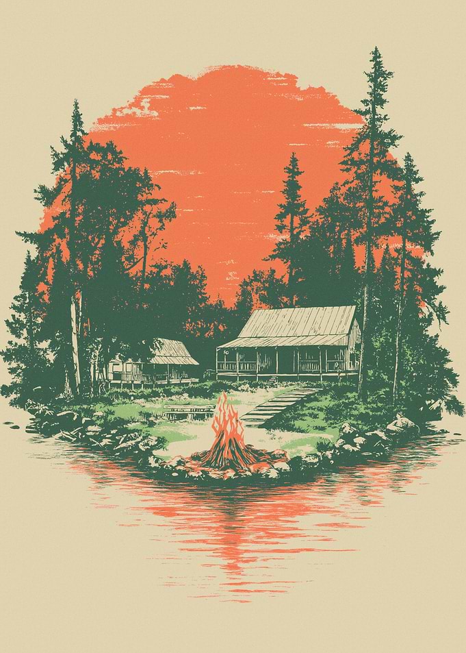 Rustic Cabin Scene by the Lake