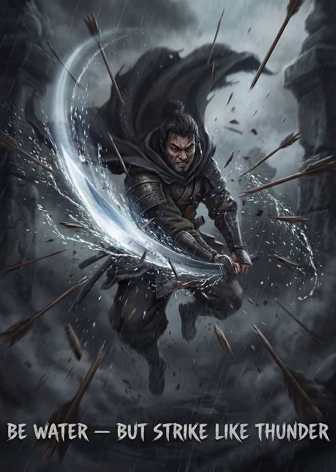 Samurai Deflecting Arrows in Rain