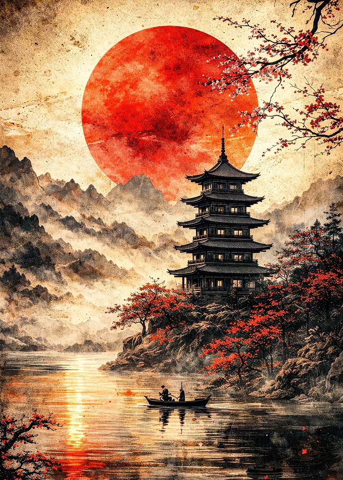 Japanese Pagoda by Red Sun
