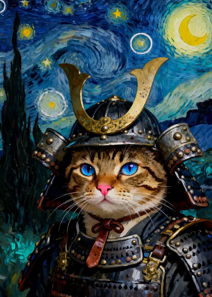 Samurai Cat in Starry Night